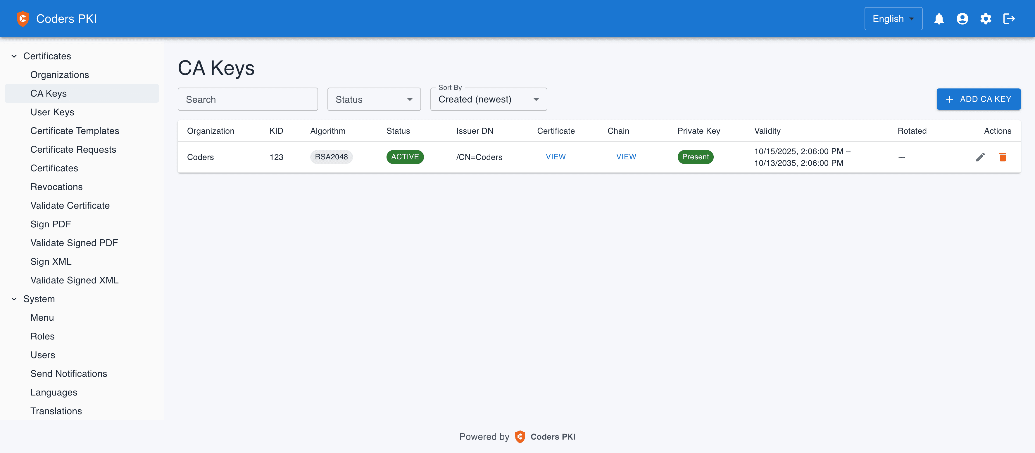 Coders PKI platform interface